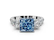 3 Stone Engagement Ring Setting for Fancy Blue Princess Cut Center with Crossover Basket, Pave Band and Prong Head in Platinum