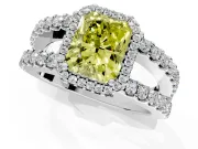Halo Engagement Ring Setting for Fancy Yellow Radiant Cut Center with Wide-Open Pave Split Shank and Prong Head in Platinum