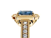 Milgrain Halo Engagement Ring Setting for Fancy Blue Emerald Cut Center with Pave Band and Prong Head in Yellow Gold