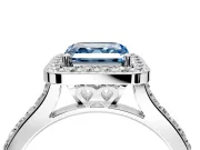Halo Engagement Ring Setting for Fancy Blue Asscher Cut Center with Pave Accents, Heart Basket and Prong Head in Platinum