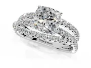 Solitaire Engagement Ring Setting for Cushion Cut Center with Woven 3-Strand Pave Band and Prong Head in White Gold