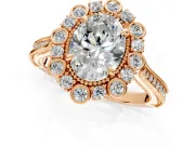 Milgrain Halo Engagement Ring Setting for Oval Center with Bezel Point Accents and Prong Head in Rose Gold