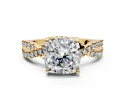 Solitaire Engagement Ring Setting for Cushion Cut Center with Narrow Twist Pave Band and Prong Head in Yellow Gold