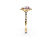 Halo Engagement Ring Setting for Fancy Pink Heart-Shaped Center with Raised Halo, Pave Band and Prong Head in Yellow Gold
