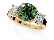3 Stone Engagement Ring Setting for Fancy Green Round Cut Center with Matching Side Accents and Prong Head in Yellow Gold