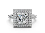 Halo Engagement Ring Setting for Princess Cut Center with Milgrain Pave Band and Bezel Head in Sterling Silver
