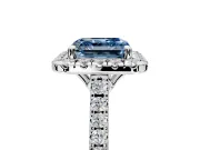 Halo Engagement Ring Setting for Fancy Blue Asscher Cut Center with Raised Halo, Pave Band and Prong Head in Platinum