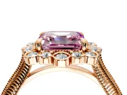 Milgrain Halo Engagement Ring Setting for Fancy Pink Asscher Cut Center with Bezel Point Accents and Prong Head in Rose Gold