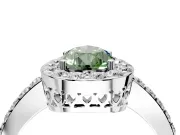 Halo Engagement Ring Setting for Fancy Green Pear-Shaped Center with Heart-Shaped Openwork, Pave Band and Prong Head in Sterling Silver