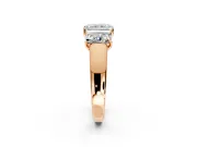 3 Stone Engagement Ring Setting for Radiant Cut Center with Raised Basket Heads and Prong Head in Rose Gold