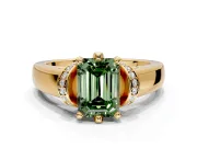 Solitaire Engagement Ring Setting for Fancy Green Emerald Cut Center with Wide Band, Pave Collar and Prong Head in Yellow Gold