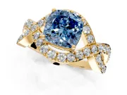 Halo Engagement Ring Setting for Fancy Blue Cushion Cut Center with Pave Infinity Twist Band and Prong Head in Yellow Gold