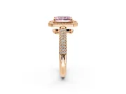 Milgrain Halo Engagement Ring Setting for Fancy Pink Radiant Cut Center with Three-Sided Pave Band and Prong Head in Rose Gold