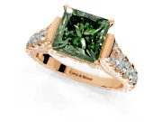Solitaire Engagement Ring Setting for Fancy Green Princess Cut Center with Pave Cathedral Shoulders and Prong Head in Rose Gold