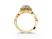 Halo Engagement Ring Setting for Round Cut Center with Leaf Motif Split Shank and Prong Head in Yellow Gold