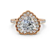 Milgrain Floral Halo Engagement Ring Setting for Heart-Shaped Center with Pave Band and Prong Head in Rose Gold