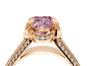 Solitaire Engagement Ring Setting for Fancy Pink Cushion Cut Center with Accented Split Shank and Prong Head in Rose Gold