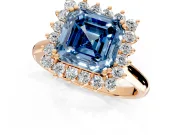Starburst Halo Engagement Ring Setting for Fancy Blue Asscher Cut Center with Thin Round-Wire Band and Prong Head in Rose Gold