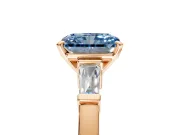 3 Stone Engagement Ring Setting for Fancy Blue Radiant Cut Center with Channel Baguette Accents and Prong Head in Rose Gold