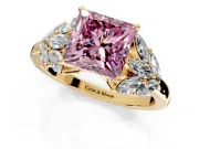 Leaf Cluster Engagement Ring Setting for Fancy Pink Princess Cut Center with Marquise Accents and Prong Head in Yellow Gold