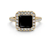 Halo Engagement Ring Setting for Fancy Black Princess Cut Center with Narrowing Pave Band and Prong Head in Yellow Gold