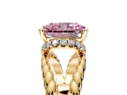 Halo Engagement Ring Setting for Fancy Pink Radiant Cut Center with Rope Twist Split Shank and Prong Head in Yellow Gold