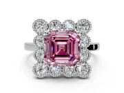 Cluster Halo Engagement Ring Setting for Fancy Pink Asscher Cut Center with Milgrain Bezel Accents and Prong Head in Sterling Silver