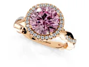 Halo Engagement Ring Setting for Fancy Pink Round Cut Center with Pave and Plain Twist Band and Prong Head in Rose Gold