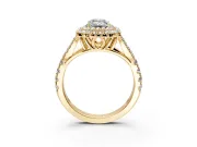 Double Halo Engagement Ring Setting for Emerald Cut Center with Narrow Pave Split Shank and Prong Head in Yellow Gold