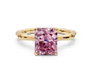 Solitaire Engagement Ring Setting for Fancy Pink Radiant Cut Center with Bamboo Band and Prong Head in Yellow Gold