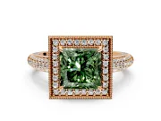 Milgrain Halo Engagement Ring Setting for Fancy Green Princess Cut Center with Three-Sided Pave Band and Prong Head in Rose Gold
