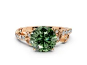 Leaf Motif Engagement Ring Setting for Fancy Green Round Cut Center with Pave Band and Prong Head in Rose Gold
