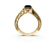Solitaire Engagement Ring Setting for Fancy Black Cushion Cut Center with Engraved Pave Band and Prong Head in Yellow Gold