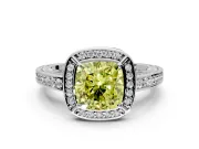 Halo Engagement Ring Setting for Fancy Yellow Cushion Cut Center with Framed Halo, Pave Band and Prong Head in White Gold