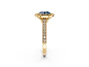 Halo Engagement Ring Setting for Fancy Blue Round Cut Center with Milgrain Pave Band and Bezel Head in Yellow Gold