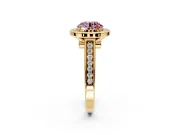 Halo Engagement Ring Setting for Fancy Pink Round Cut Center with Outer Bezel Rim, Pave Band and Prong Head in Yellow Gold