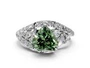 Halo Engagement Ring Setting for Fancy Green Heart-Shaped Center with Marquise and Pave Bypass Band and Prong Head in White Gold