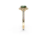 Halo Engagement Ring Setting for Fancy Green Cushion Cut Center with Raised Halo, Pave Band and Prong Head in Yellow Gold