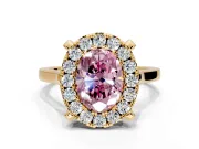 Single Halo Engagement Ring Setting for Fancy Pink Oval Center with Corner Claws, Plain Band and Prong Head in Yellow Gold
