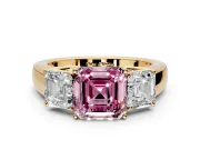 3 Stone Engagement Ring Setting for Fancy Pink Asscher Cut Center with Raised Basket Heads and Prong Head in Yellow Gold