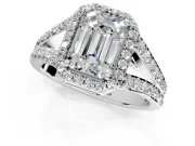 Halo Engagement Ring Setting for Emerald Cut Center with Narrow Pave Split Shank and Prong Head in Platinum