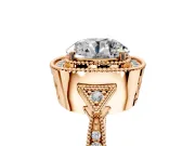 Halo Engagement Ring Setting for Round Cut Center with Milgrain Rim, Pave Band and Prong Head in Rose Gold