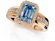 Halo Engagement Ring Setting for Fancy Blue Emerald Cut Center with Wide Band, Inlaid Accent Row and Prong Head in Rose Gold