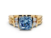 Solitaire Engagement Ring Setting for Fancy Blue Cushion Cut Center with Grooved Bar Accent Band and Prong Head in Yellow Gold