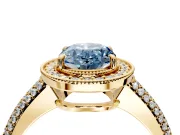 Milgrain Halo Engagement Ring Setting for Fancy Blue Oval Center with Three-Sided Pave Band and Prong Head in Yellow Gold