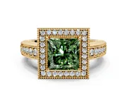 Milgrain Halo Engagement Ring Setting for Fancy Green Princess Cut Center with Pave Band and Prong Head in Yellow Gold
