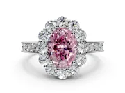 Halo Engagement Ring Setting for Fancy Pink Oval Center with Milgrain Channel Band and Prong Head in White Gold