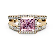 Halo Engagement Ring Setting for Fancy Pink Princess Cut Center with Wide-Open Pave Split Shank and Prong Head in Yellow Gold