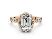 Halo Engagement Ring Setting for Emerald Cut Center with Openwork Halo, Pave Band and Prong Head in Rose Gold
