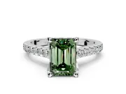 Solitaire Engagement Ring Setting for Fancy Green Emerald Cut Center with Widening Pave Band and Claw Prong Head in Sterling Silver